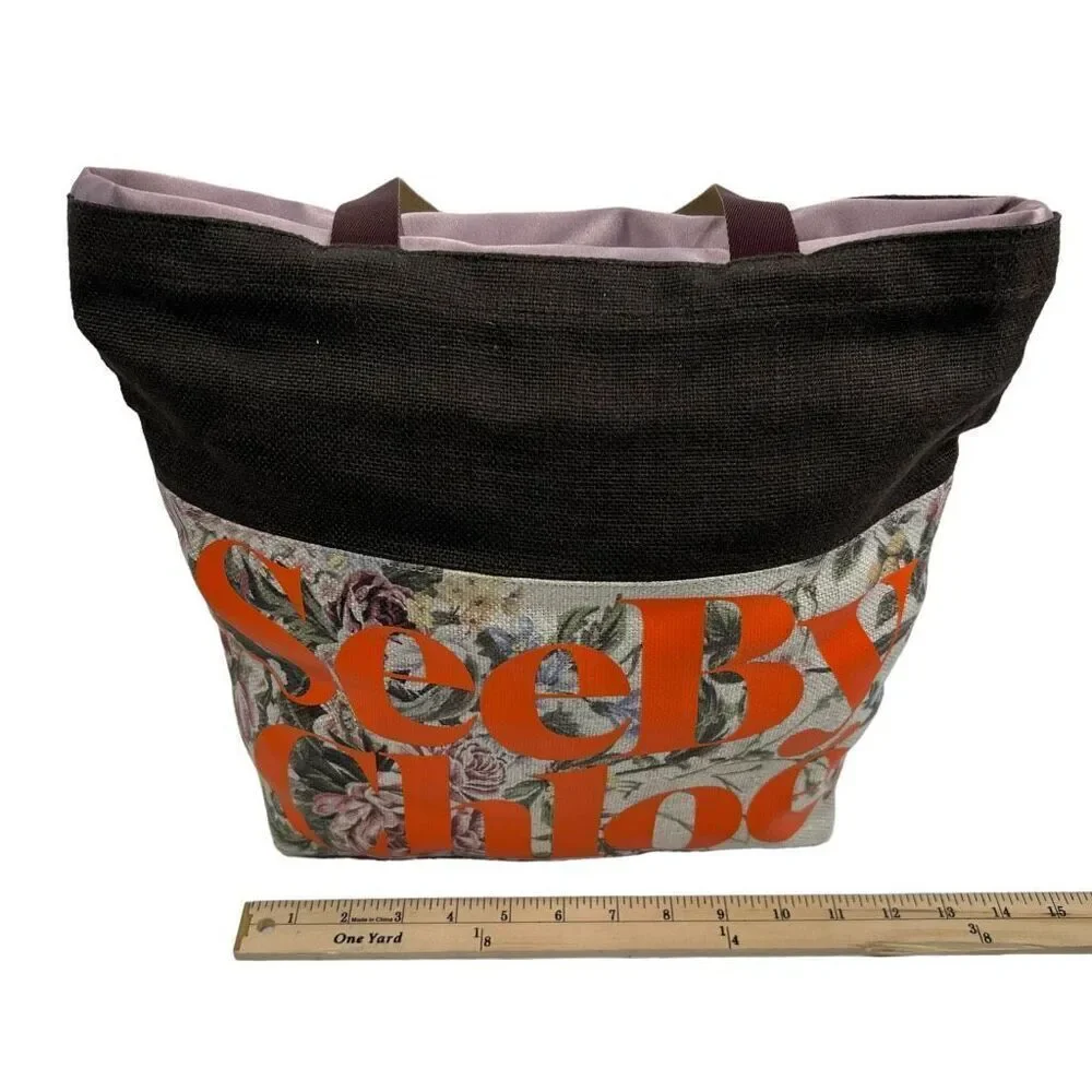 See By Chloé Floral Canvas Casual Style Logo Beige Brown and Purple Tote Bag